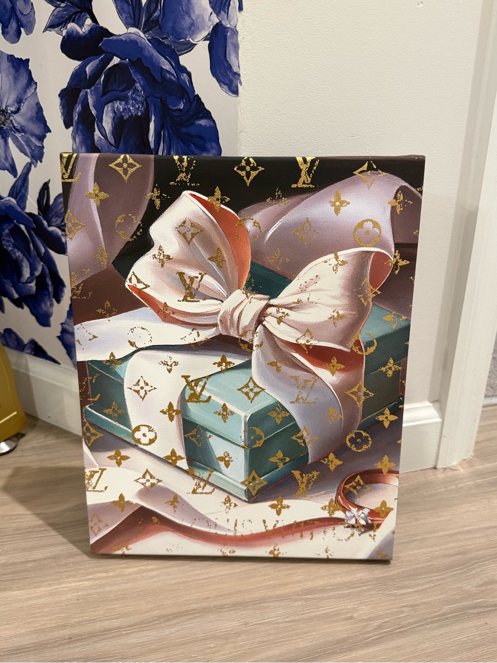 Small Tiffany and Co Box and Gold LV Canvas Art with Ribbon wall art